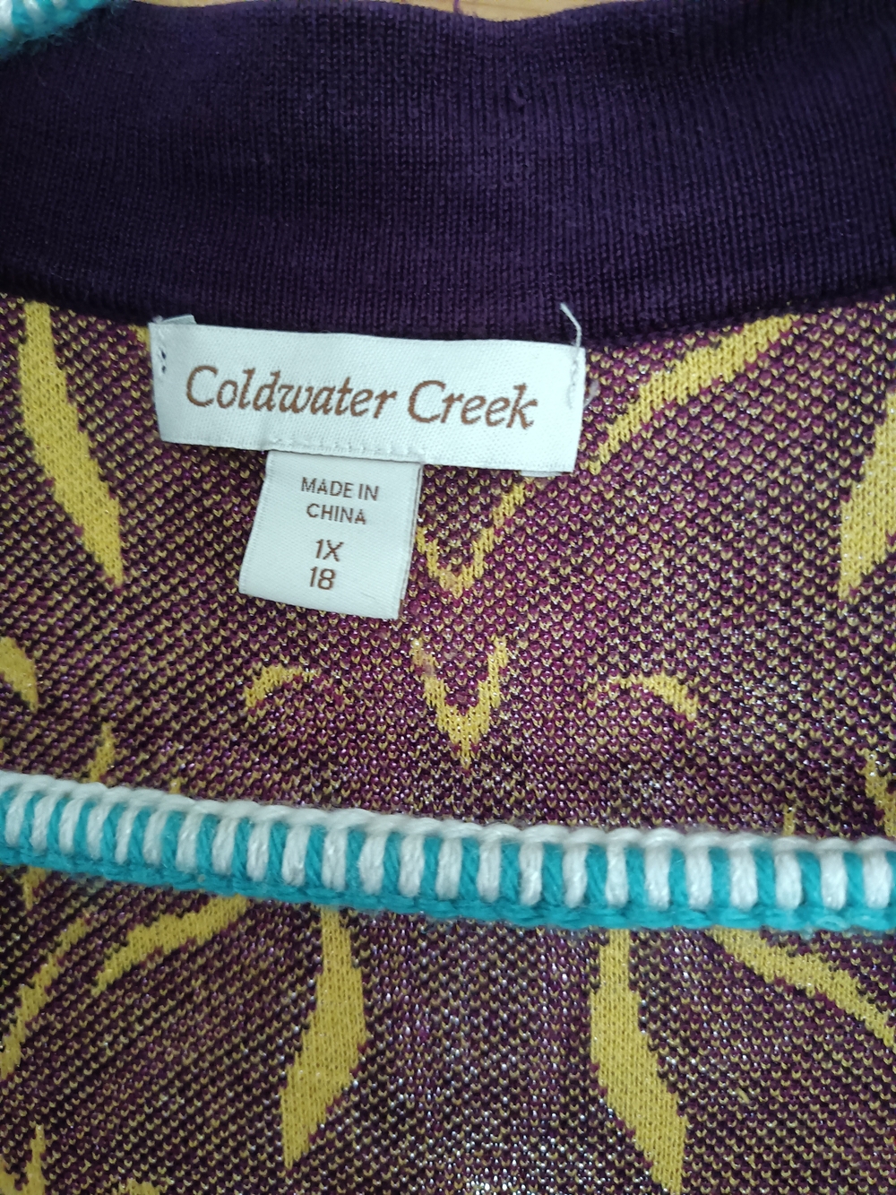 Coldwater Creek Purple and Gold Patterned Open-Front Jacket - Picture 2 of 3
